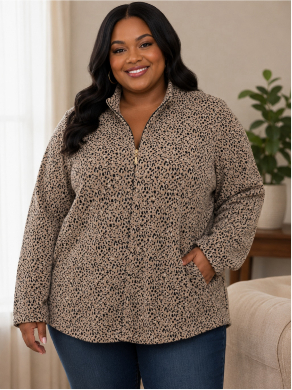 Women's JM Collection Plus 3X Leopard Print Zip-Up Sweatshirt Beige Black